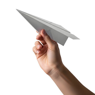 Hand holding white paper airplane isolated on transparent background