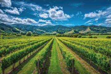 Fototapeta premium Lush vineyard stretching to distant mountains under a dramatic, blue, cloud-filled sky