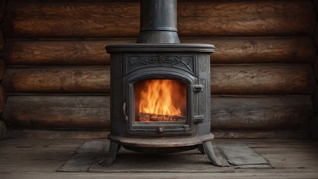 Warm Rustic Wood Stove with Bright Flame in Cozy Log Cabin Interior 4k video footage