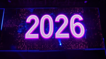 Future Year 2026 Displayed on Tech Screen Dark Background - Powered by Adobe