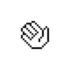 Pixel hand icon retro 8-bit style. Minimal monochrome graphic for UI design, games, digital interfaces, gesture symbols, apps and communication elements.