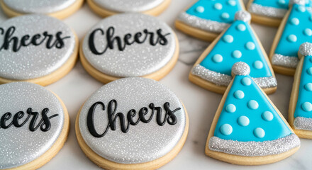 Close-up of sugar cookies with icing. Round cookies with inscription "Cheers" and triangle cookies with blue icing, representing celebration, party