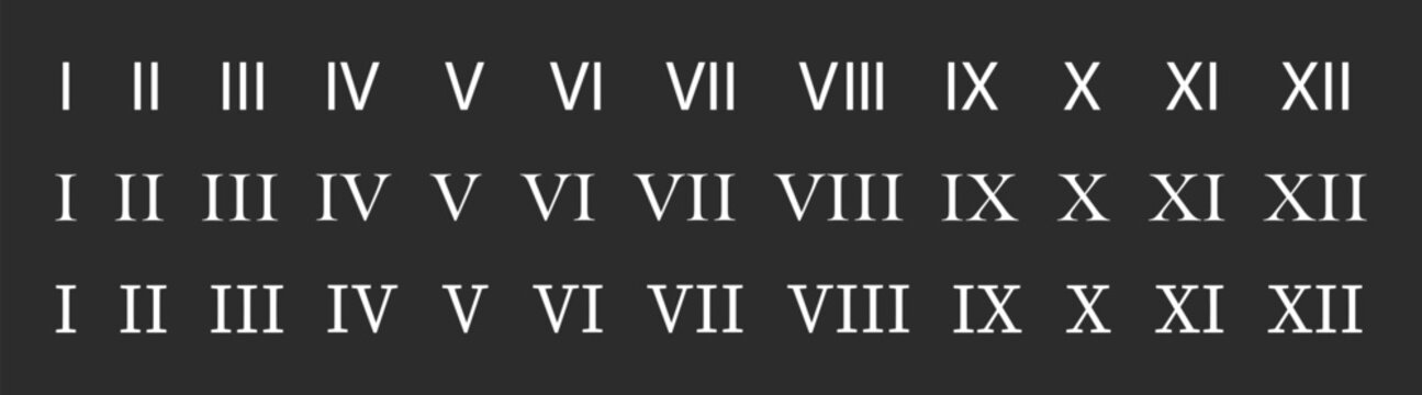 Roman numeral icon set with ancient numbers, alphabet, and mathematic symbols in vector design