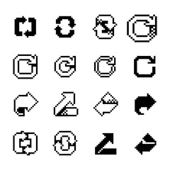 Set of pixel art arrows in retro 8-bit style, including curved arrows, loop arrows, rotation symbols and directional signs for UI elements, apps, games and digital interfaces.