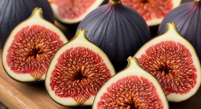 Close up view of fresh ripe dark purple figs beautifully sliced in half revealing vibrant red seedfilled interiors resting on a wooden surface - Powered by Adobe