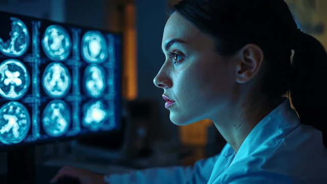 Leaning doctor responding to monitor glow, scanning brain scans in clinic, using mouse in lab coat