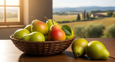 Freshly harvested pears displayed in a rustic woven basket on a wooden table with a sunlit Tuscan landscape visible through a window