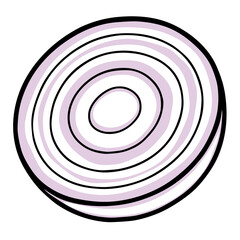A stylized vector illustration of a cross-section of a red onion, featuring concentric rings of purple and white with bold black outlines, presented on a clean white background.