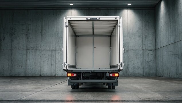 Rear view of an empty cargo van with open back doors inside a concrete-walled warehouse