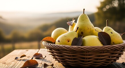 Ripe yellow pears nestled in a rustic wicker basket with autumn leaves resting on a wooden table outdoors during golden hour