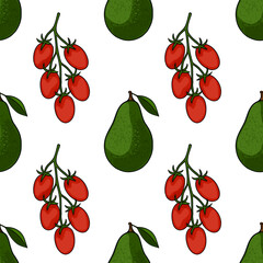 Seamless vector pattern featuring ripe red cherry tomatoes on stems and green avocados with textured skin, set against a clean white background, evoking a fresh and natural food theme.