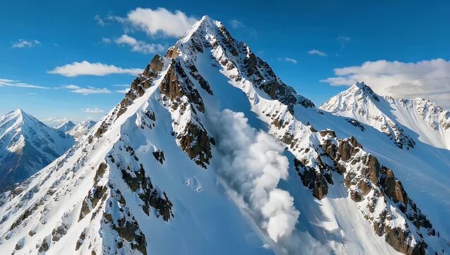 Majestic alpine panorama capturing a formidable snow avalanche cascading down a towering, rugged peak under a crisp blue sky, a powerful natural