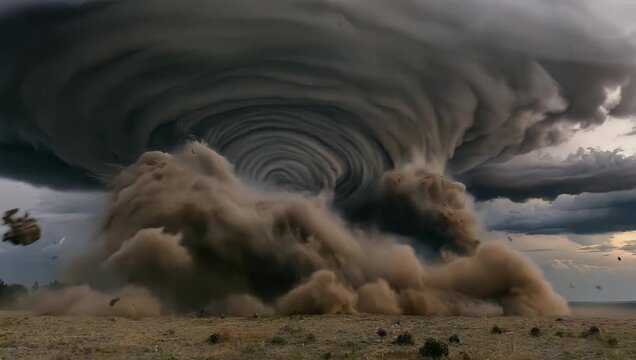 A mesmerizing time-lapse captures the raw power of a rotating supercell thunderstorm churning across a vast, arid landscape, generating intense dust