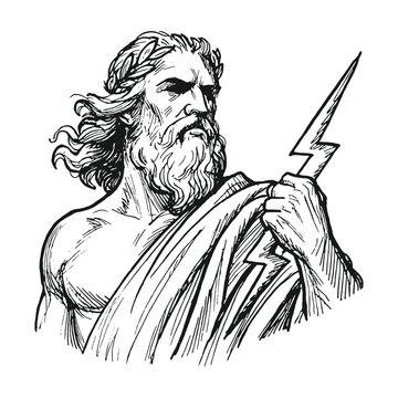 Engraved vector illustration of Zeus, the Greek god of thunder, depicted holding a lightning bolt in dramatic classical style for fantasy artworks, mythological prints, and themed design projects.
