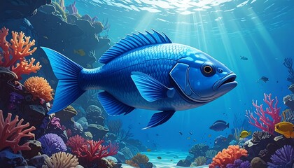 Fototapeta premium Vibrant Blue Fish in Coral Reef Underwater Scene.