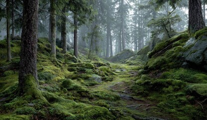 A moody, verdant forest scene with trees, mossy rocks, and a misty ambiance
