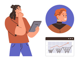 Woman holding tablet pondering insights, profile of customer, and graph with shopping cart trends. Ideal for analytics, e-commerce, user behavior, marketing, strategy, data analysis consumer