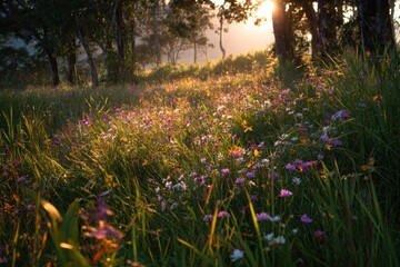 Sunlit meadow filled with colorful wildflowers, framed by trees, glowing softly