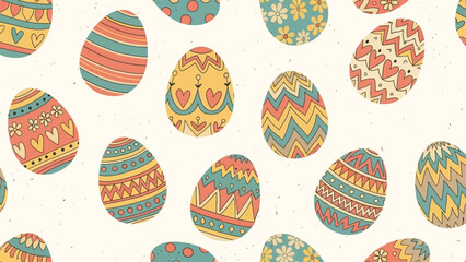 A seamless pattern of hand-drawn, colorful Easter eggs with various intricate designs and pastel hues on a light, textured background.