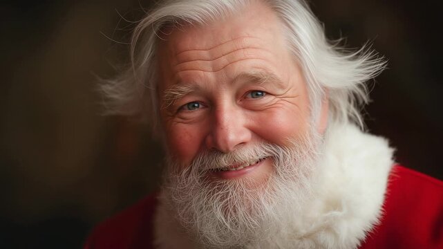 Smiling Santa in red coat, white beard, fur collar tilting head, camera tightening in cozy studio
