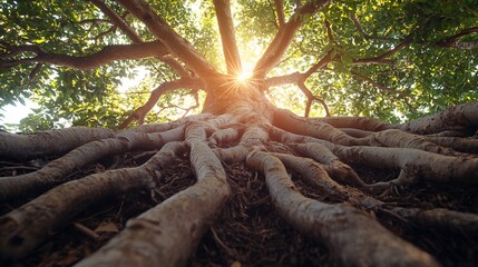 Majestic Tree Roots Reaching Skyward Sunburst Through Canopy.