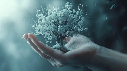 Miniature Tree Held in Hands Soft Blue Light Fantasy Concept.