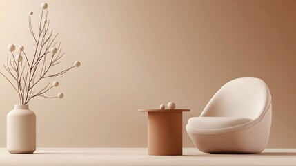 Minimalist Interior with Spherical Branch Arrangement Round Table and Modern Chair.