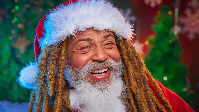 Laughing Santa with red hat and white beard reacting as camera tightens by decorated trees