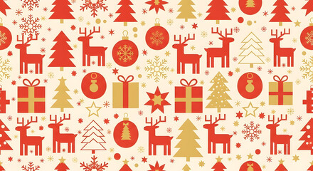 Festive Christmas pattern with reindeer, trees, and gifts in red and gold