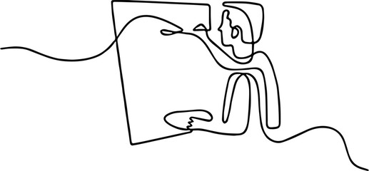 Continuous one-line drawing of an abstract figure (artist or designer) drawing or painting on a large canvas or digital tablet.