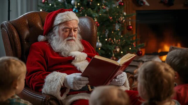Opening hardback book, Santa Claus in red suit narrating to entertain children in cozy living room