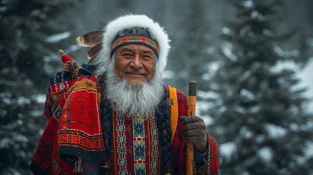 Zooming camera causing elder with staff in regalia smiling, closing eyes reflecting in snowy forest