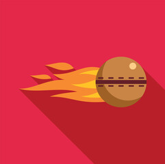 Cricket ball flying rapidly with a fiery trail and long shadow, illustrating speed and power