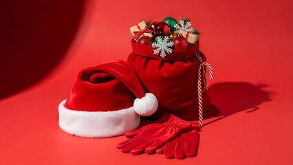 Santa Claus Hat, Gloves, and Gift Bag &ndash; Christmas Decoration Isolated on Red Background