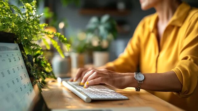 Faceless woman's hands using calendar app on computer in office defocused workspace background with plants scheduling and planning professional time management digital