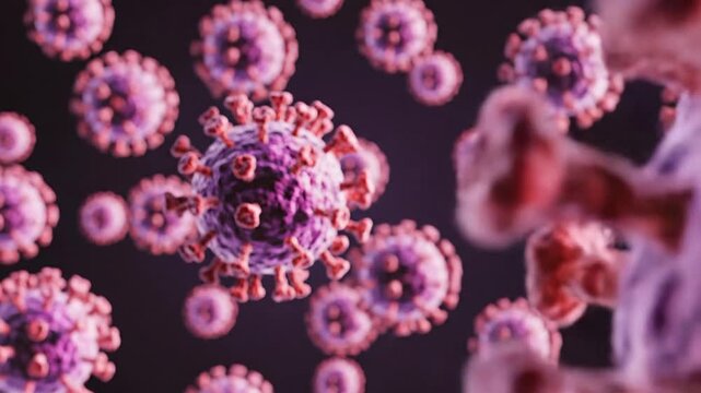 A mesmerizing close-up cinematic visualization of influenza virus particles in motion, blending scientific accuracy with artistic fluid dynamics