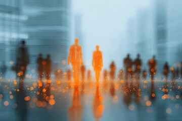 Rendered image of silhouettes walking through a blurred city environment, with bokeh effect