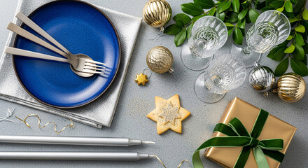 Overhead shot of a blue plate, silverware, ornaments, gift box, cookies and greenery, representing celebration, holiday mood, and festive decoration