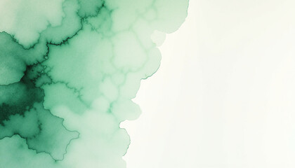 Green watercolor wash creating abstract background texture with soft organic flow on clean white paper. Watercolor splash forms delicate patterns, perfect for modern digital graphic design.
