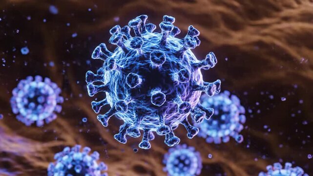 A mesmerizing close-up cinematic visualization of influenza virus particles in motion, blending scientific accuracy with artistic fluid dynamics