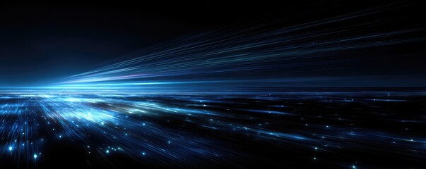 Digital abstraction with glowing blue lines, dots, and a horizon on a dark background