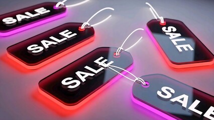 Brightly illuminated sale tags glowing with neon light, representing discounts and promotions for shoppers