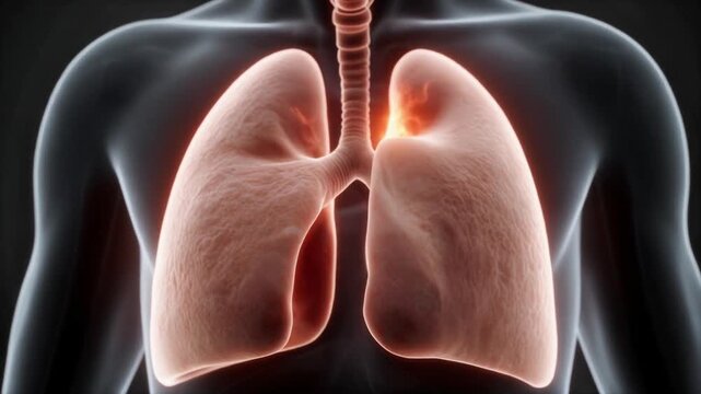 Digital 3D illustration of human lungs within the chest cavity, highlighting a glowing lesion in the upper right lobe, indicative of serious respiratory disease or potential cancer