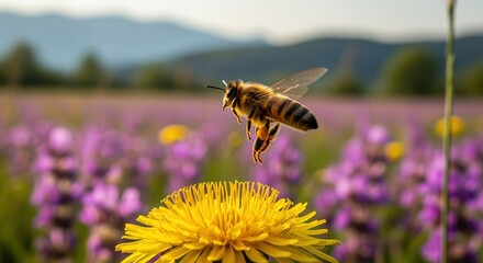 A bee hovers above a bright yellow flower in a field of purple blooms. Mountains rise in the background under soft light. Perfect for nature themes, pollination concepts, and garden projects.