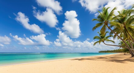 Fototapeta premium Tropical beach with soft sand and palm trees along turquoise water. White clouds float across a bright blue sky. Perfect for travel posters, vacation ads, and relaxation themes.