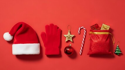 Santa Claus Hat, Gloves, and Gift Bag &ndash; Christmas Decoration Isolated on Red Background