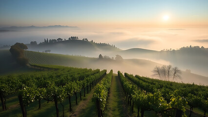passphrase. Nebbiolo grape vineyard on Piedmont hillside with morning fog and rolling hills. travel magazines, destination branding, designed for outdoor magazines and nature guides.