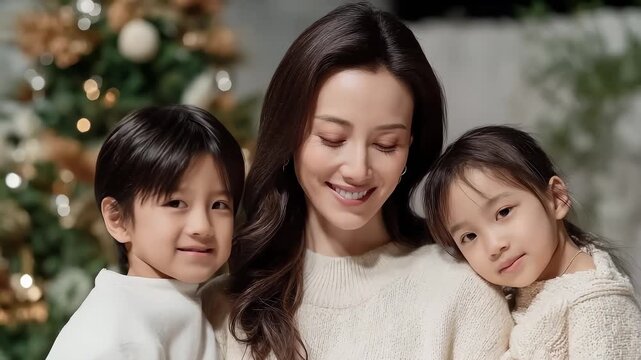 Christmas Festive Happy Family Mother and Children Smiling Warm Moment