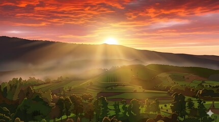 Breathtaking sunrise landscape over terraced hills, with sun rays and orange-red sky. Peaceful nature vector illustration