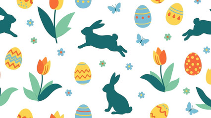Obraz premium A seamless pattern featuring teal Easter bunnies, colorful decorated eggs, orange and yellow tulips, and small blue butterflies on a white background, perfect for spring holiday designs.